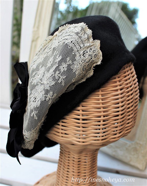 亜麻色のフランス・アンティークレース＆ベルベットリボンコラージュの素敵なベレー帽 フランスアンティーク （フレンチアンティーク）スタイル  イネスの部屋