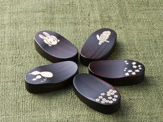 黒檀 箸置 5個セット 象嵌 貝象嵌 銘木 木製 手仕事 カトラリー