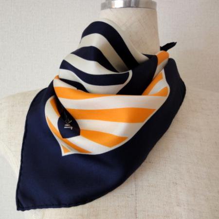 Yves Saint Laurent Vintage <BR> Silk Scarf -Oreange Navy Stripe 3