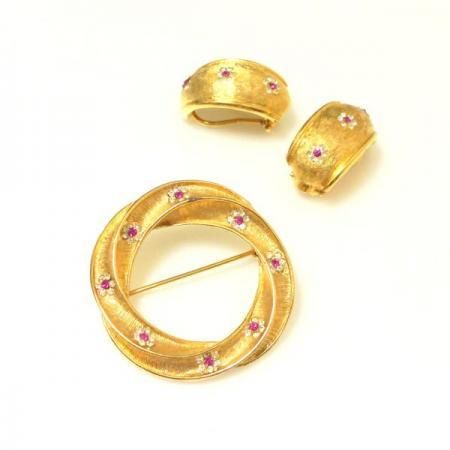 BSK Vintage Demi Parure<BR> Brush Gold Toned Metal with Pink Rhinestones