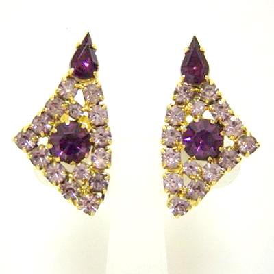Vintage Earrings<BR>Rhinestones Lavender,Purple 1950s-60s
