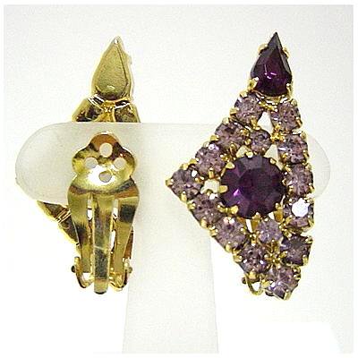 Vintage Earrings<BR>Rhinestones Lavender,Purple 1950s-60s 2