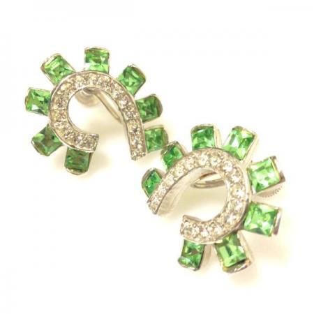LEDO Vintage Screwback Earrings<BR>Green Rhinestone