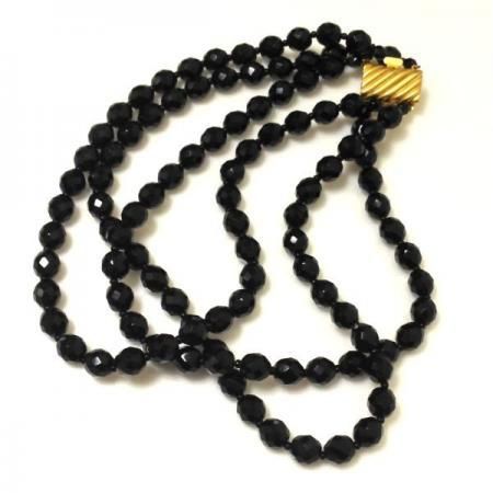 Vintage Necklace<br>Three Strand French Jet Black Glass