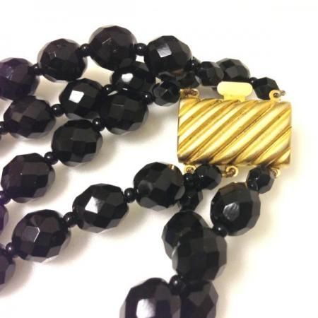 Vintage Necklace<br>Three Strand French Jet Black Glass 2