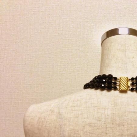 Vintage Necklace<br>Three Strand French Jet Black Glass 4