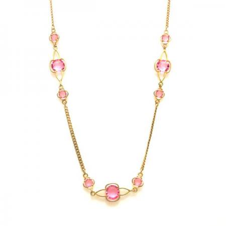 Vintage Long Necklace<BR> Gold Chain Pink Crystals 1960s
