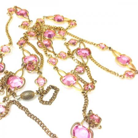 Vintage Long Necklace<BR> Gold Chain Pink Crystals 1960s 2