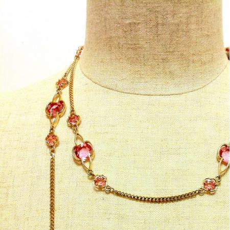 Vintage Long Necklace<BR> Gold Chain Pink Crystals 1960s 3