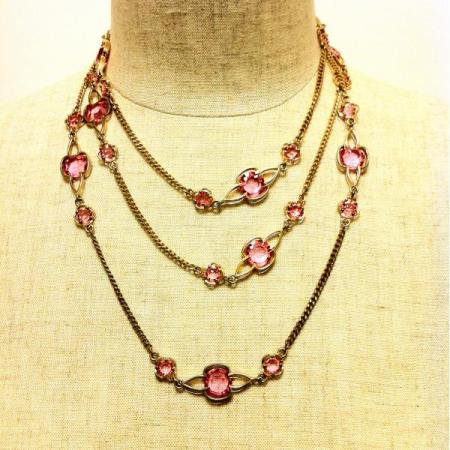 Vintage Long Necklace<BR> Gold Chain Pink Crystals 1960s 4