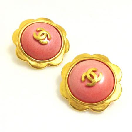 CHANEL Vintage Earrings<BR> Pale Pink Stone Flower with CC Logo