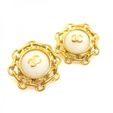 CHANEL Vintage Earrings White Stone with CC Logo