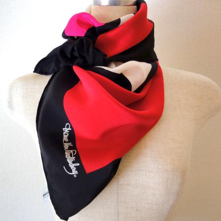 Diane Von Furstenberg Vintage Scarf<br/>Heart Design in Black, Red and Pink 3