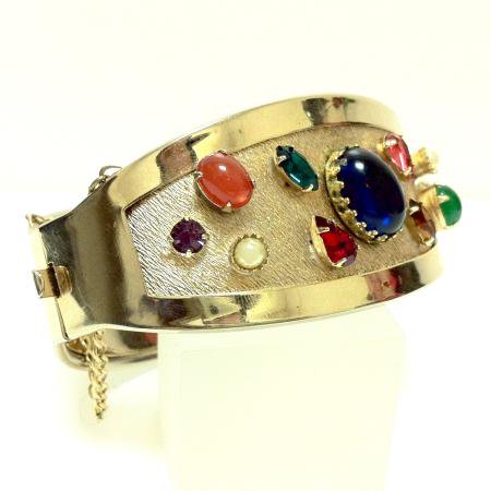 Vintage Gold Cuff Bracelet<br/>Multi Colored Stones 1960s