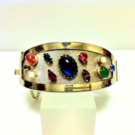 Vintage Gold Cuff Bracelet<br/>Multi Colored Stones 1960s 2