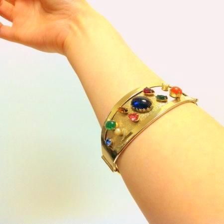 Vintage Gold Cuff Bracelet<br/>Multi Colored Stones 1960s 4
