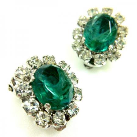 Christian Dior Vintage Earrings<BR>Green Glass Stone and Rhinestone