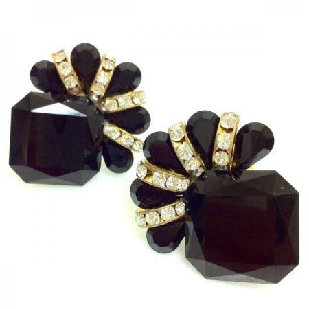 Vintage Earrings <br/>Black Glass and clear Rhinestone <br/>1960's