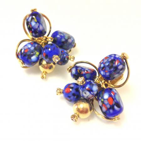 Christian Dior Vintage Earrings by Kramer Blue Confetti Glass with Rhinestone mid50's