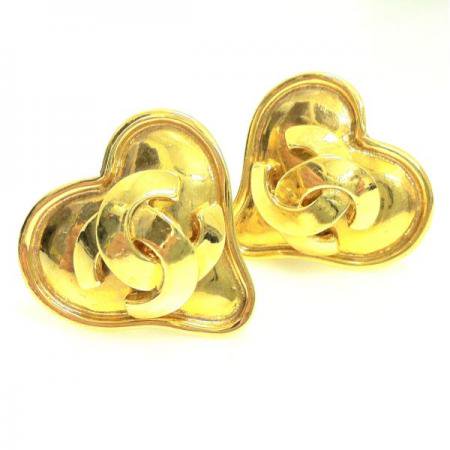CHANEL Vintage Clip Earrings Heart with CC Logo