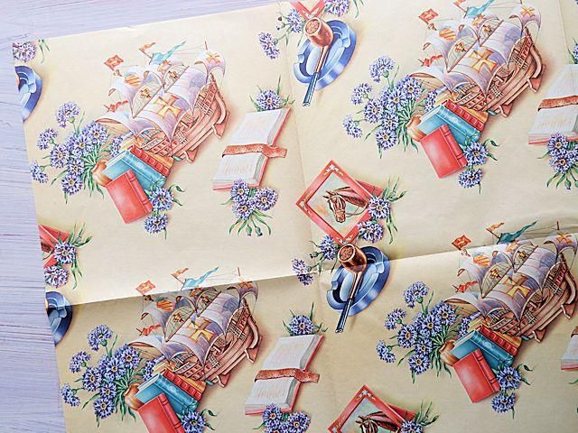 アメリカ製ヴィンテージ包装紙 | 青い花・帆船・馬 - 外国の古く