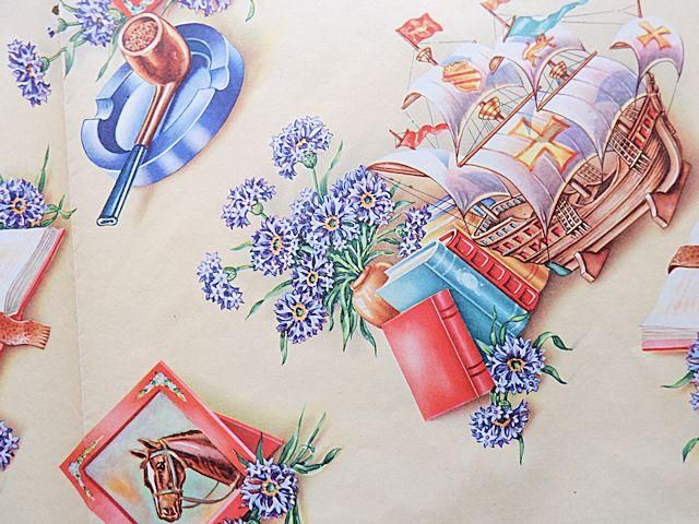 アメリカ製ヴィンテージ包装紙 | 青い花・帆船・馬 - 外国の古く