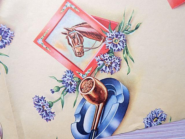 アメリカ製ヴィンテージ包装紙 | 青い花・帆船・馬 - 外国の古く