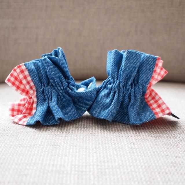 ボンボン】イヤーシュシュ アクセントデニムシリーズ(ギンガムレッド