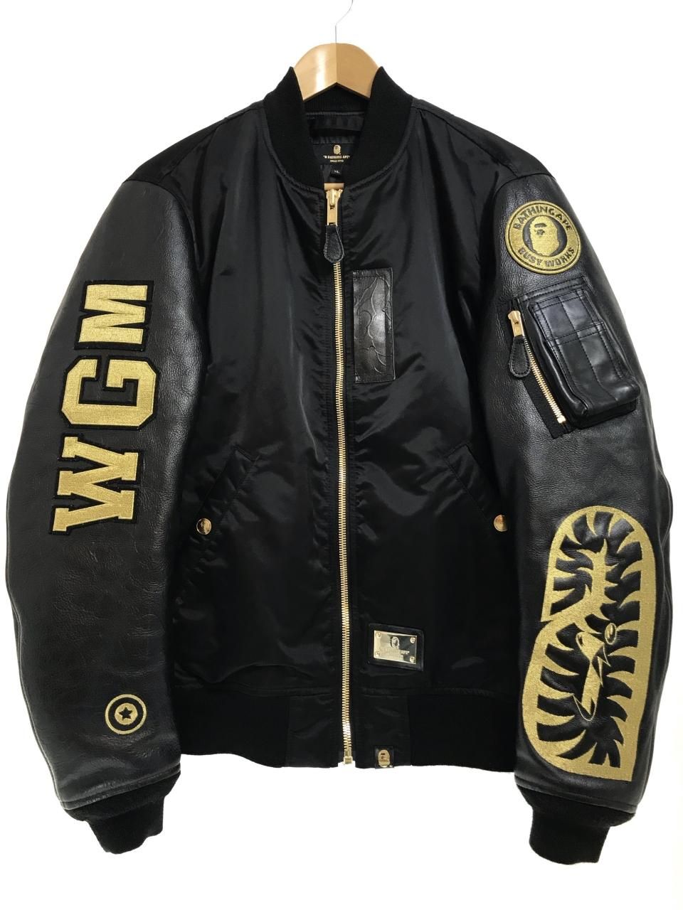 15AW A BATHING APE BLACK Leather MA-1 黒金 XL アベイシングエイプ BAPE ミリタリージャケット  レザー切り替え ハイグレードライン 2015秋冬 - NEWJOKE ONLINE STORE