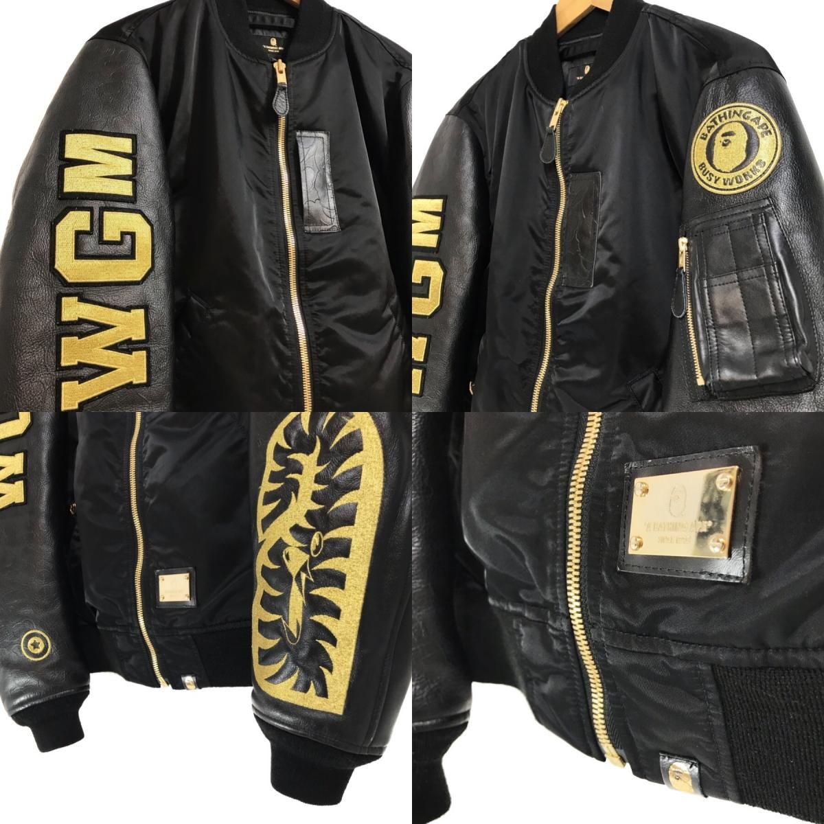 15AW A BATHING APE BLACK Leather MA-1 黒金 XL アベイシング 15AW A BATHING APE BLACK Leather MA-1 黒金 XL アベイシング