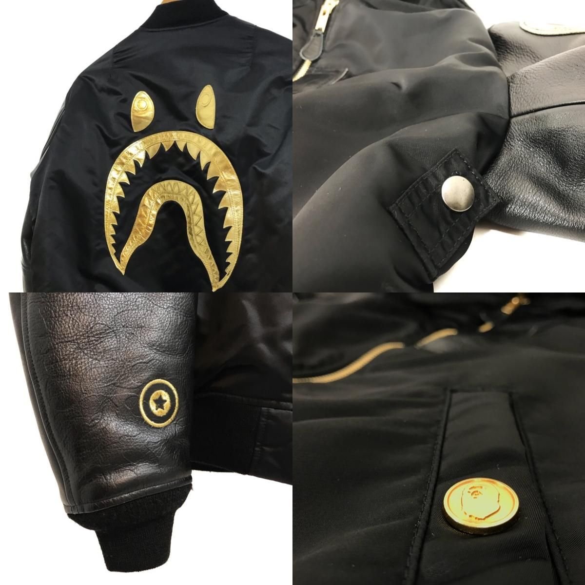 15AW A BATHING APE BLACK Leather MA-1 黒金 XL アベイシング 15AW A BATHING APE BLACK Leather MA-1 黒金 XL アベイシング