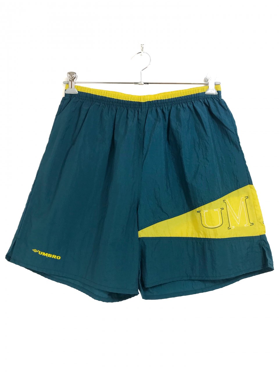 USA製 90s UMBRO Logo Nylon Swim Shorts 緑黄 Women's XL アンブロ