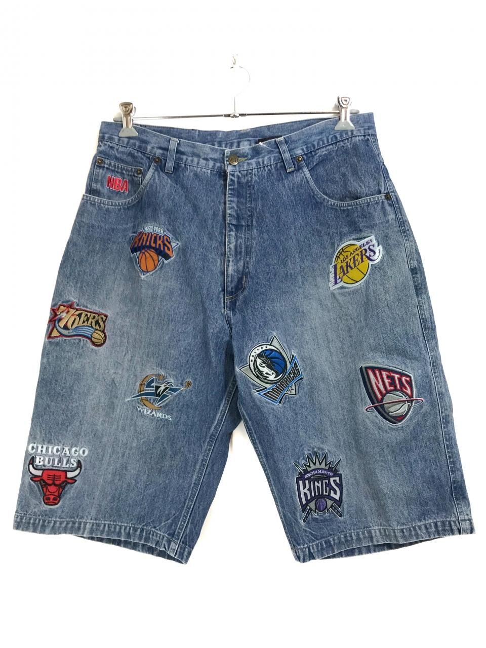 00s unk NBA Team Patch Denim Shorts 薄青 34 総柄 チーム ワッペン