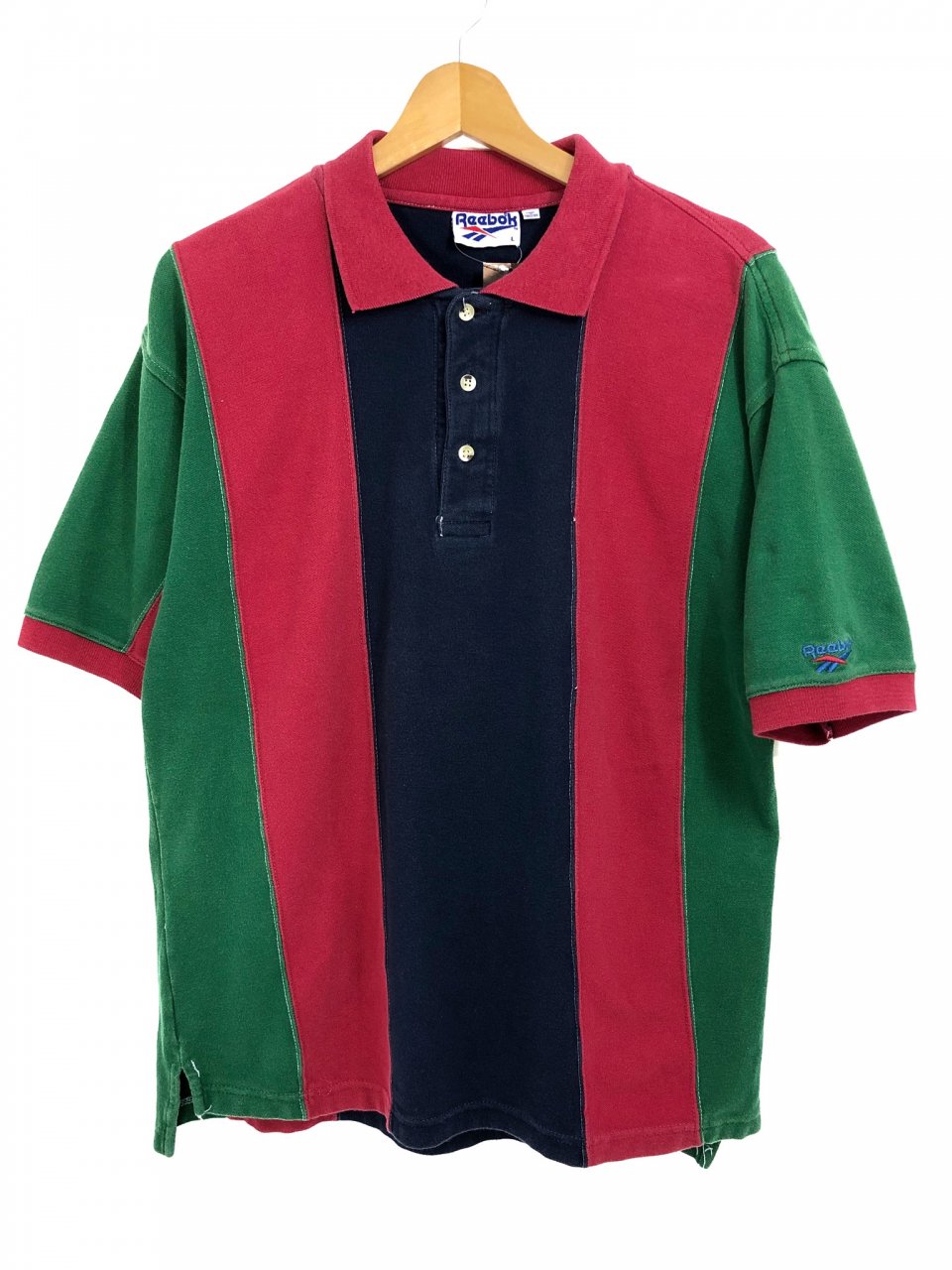 90s Reebok S/S Stripe Polo Shirt 赤緑紺 L リーボック ストライプ