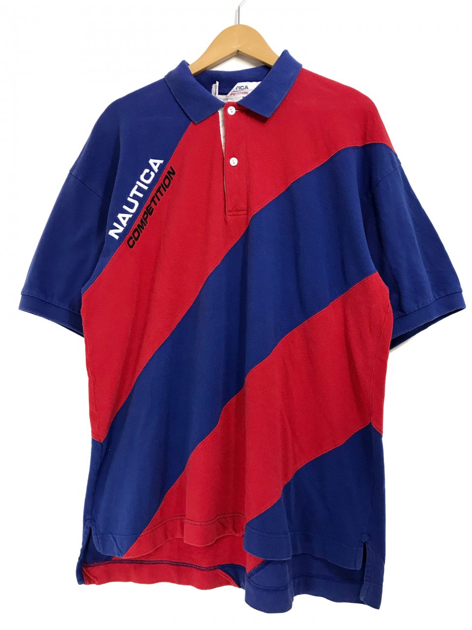 USA製 90s NAUTICA COMPETITION Switching S/S Polo Shirts 青赤 XL ノーティカ コンペティション  斜め切り替え 半袖 ポロシャツ トリコロール - NEWJOKE ONLINE STORE