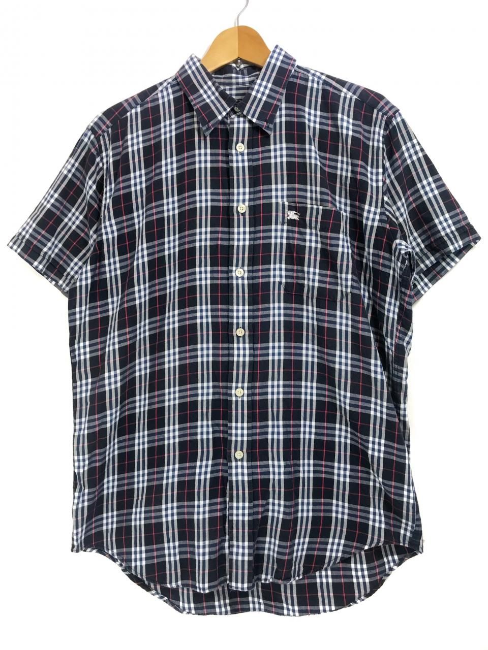 BURBERRY LONDON Cotton Check S/S Shirts 紺 M バーバリー 
