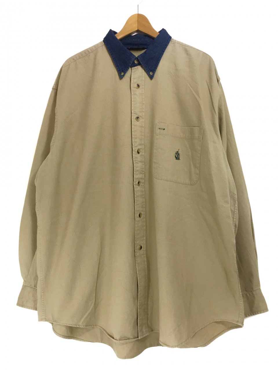 USA製 90s NAUTICA Denim Collar Cotton L/S Shirts ベージュ L