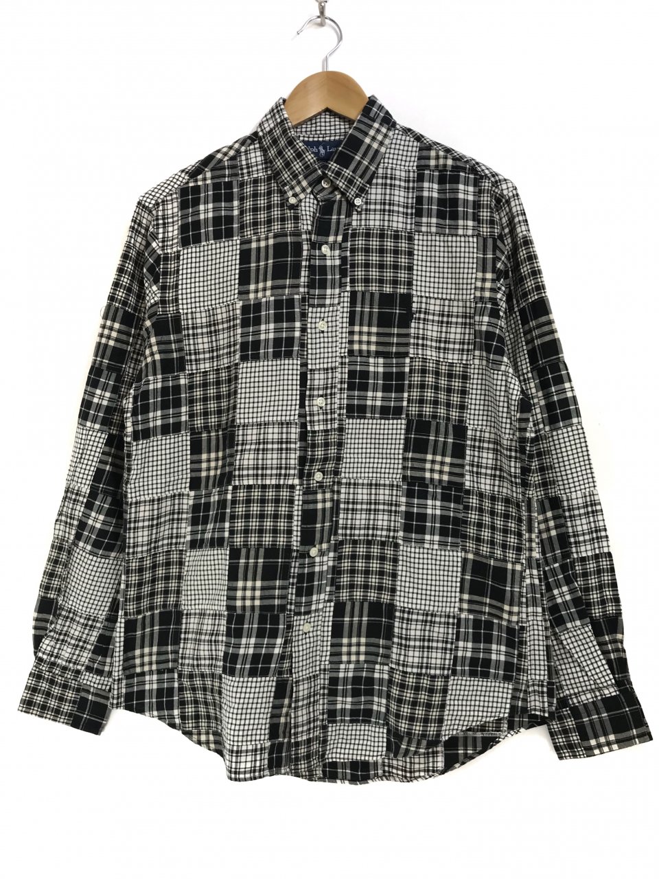 90s Polo Ralph Lauren Patchwork Check L/S Shirts 黒白 M ポロ