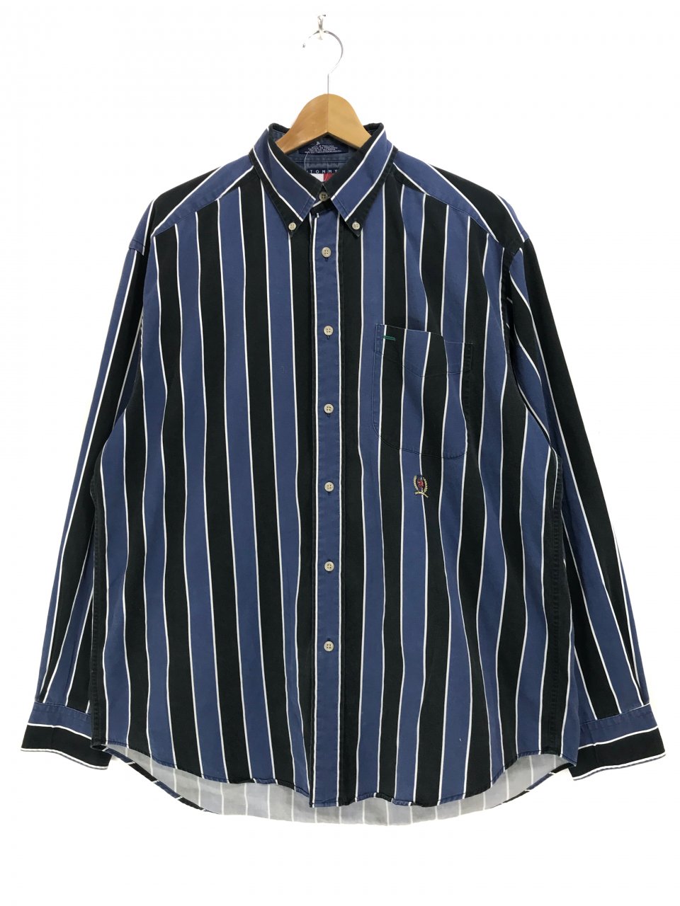 90s TOMMY HILFIGER Cotton Stripe BD L/S Shirts 青黒 M トミー 