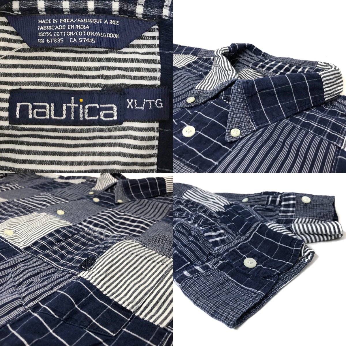 90s NAUTICA Check-Stripe Patchwork BD L/S Shirts 紺 XL ノーティカ