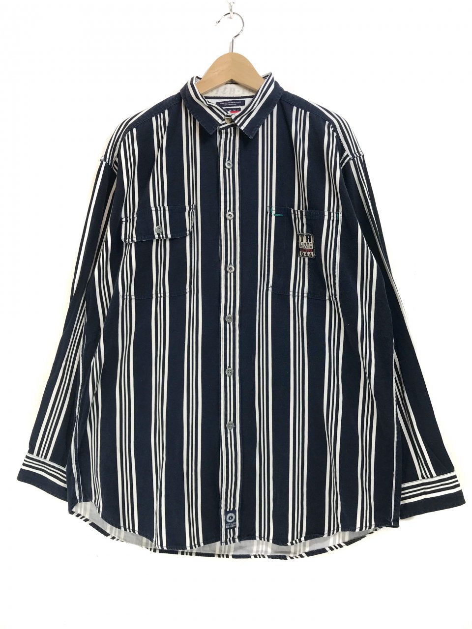 90s TOMMY HILFIGER Cotton Stripe L/S Shirts 紺白 L トミー