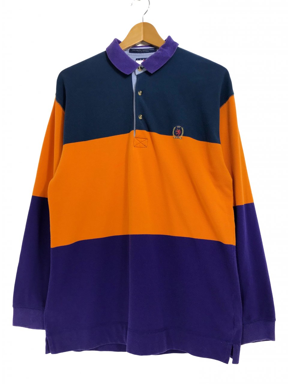 90s TOMMY HILFIGER Cotton Pique Logo L/S Polo Shirts 紺紫オレンジ M トミーヒルフィガー 鹿の子  長袖 ポロシャツ 切り替え ロゴ ワンポイント - NEWJOKE ONLINE STORE