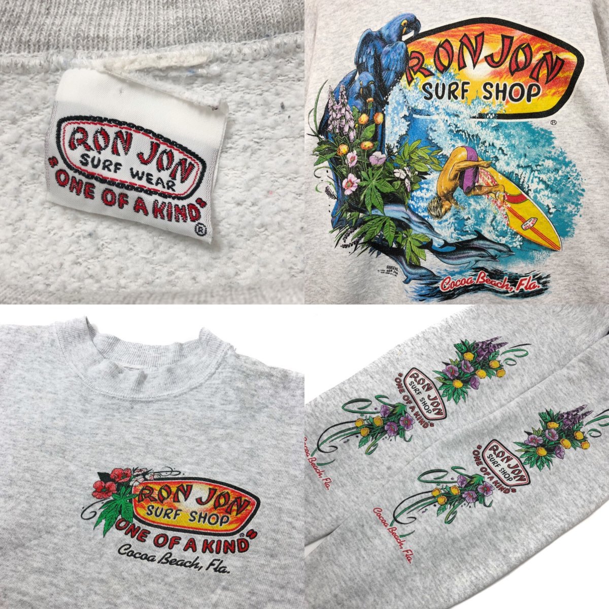 90s RON JON Sleeve Print Sweat Shirt 灰 L相当 ロンジョン ロゴ 