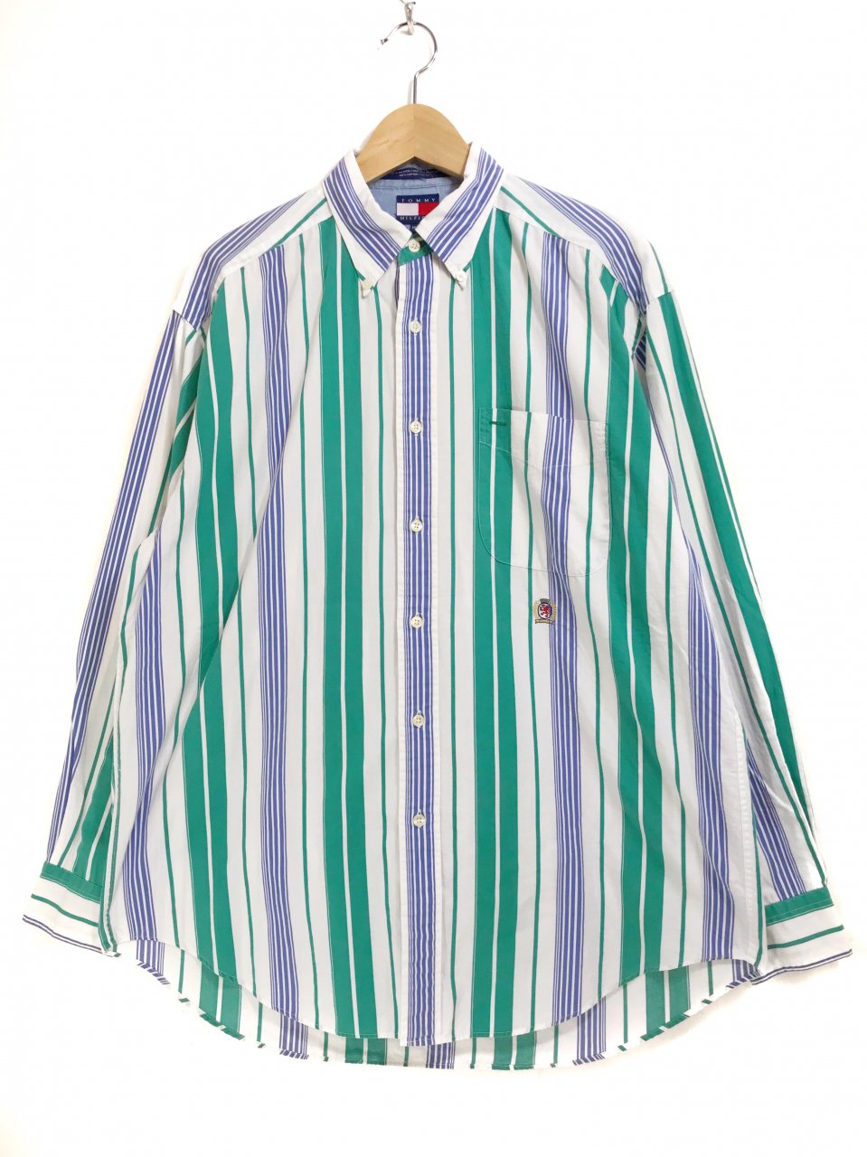 90s TOMMY HILFIGER Cotton Multi Stripe BD L/S Shirts 白緑 トミー 