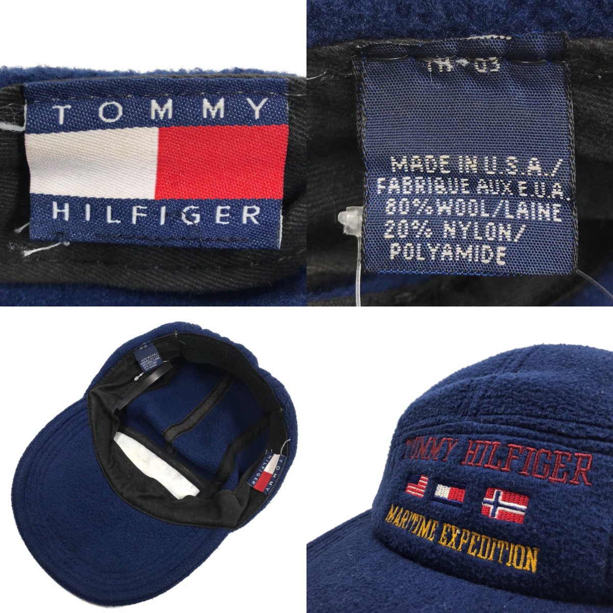USA製 90s TOMMY HILFIGER 5 Panel Fleece Cap 紺 トミーヒルフィガー ロゴ フリース 5パネル キャップ  ネイビー MARITIME EXPEDITION - NEWJOKE ONLINE STORE