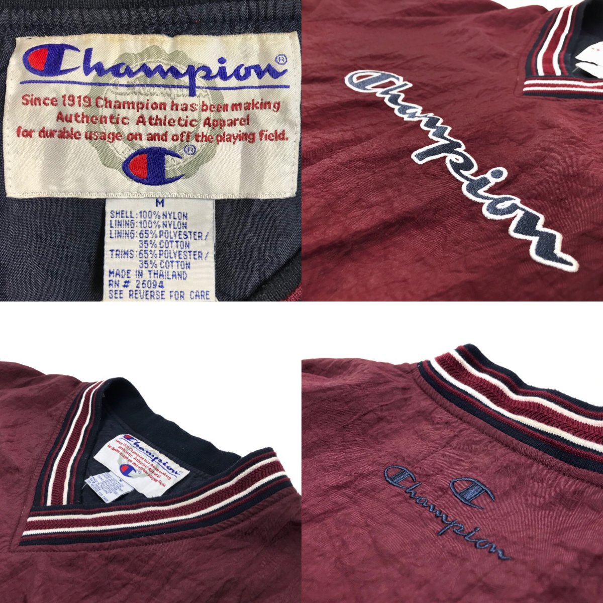 90s Champion Nylon Pullover Jacket エンジ Ｍ チャンピオン Vネック