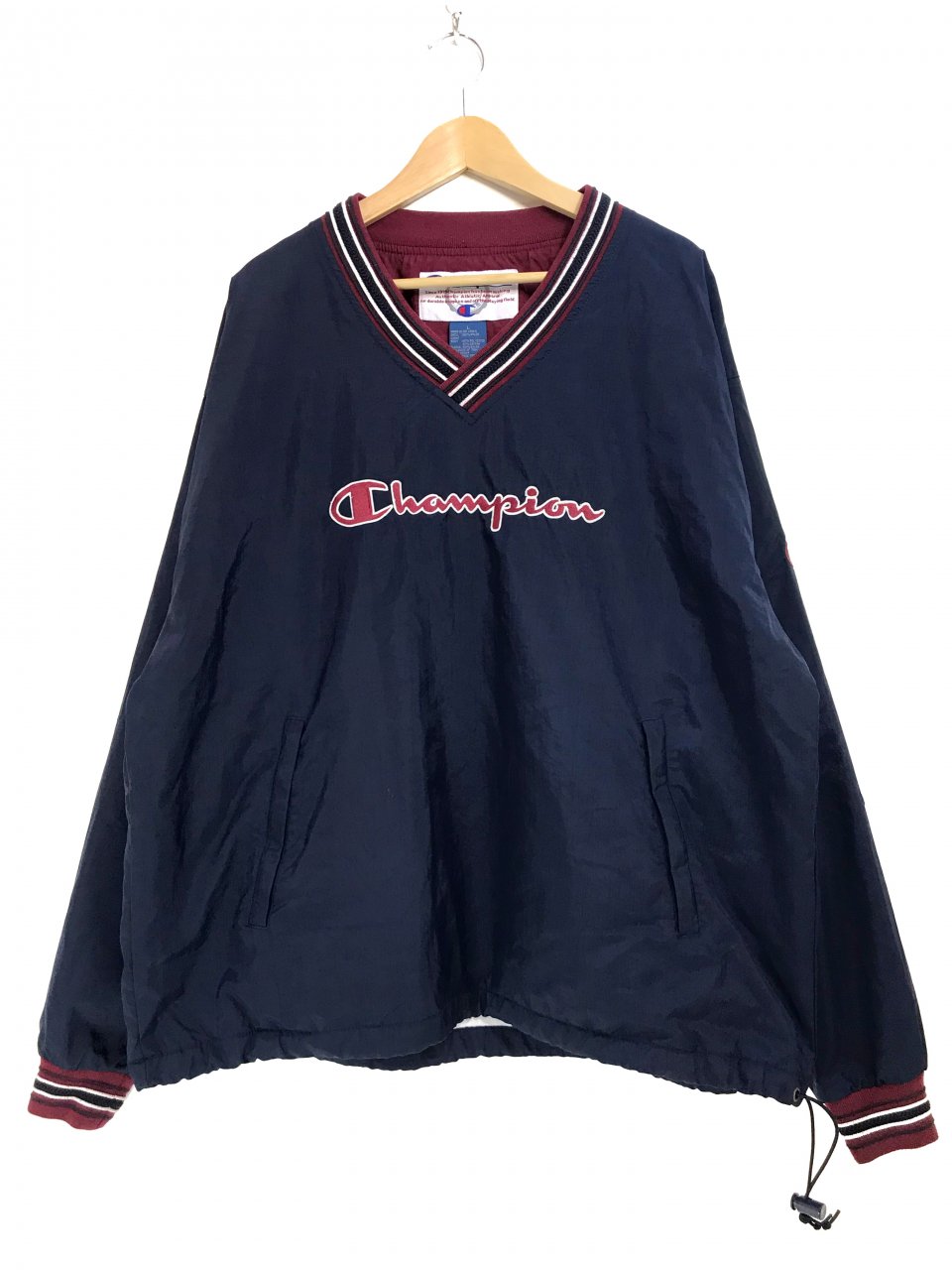90s Champion Nylon Pullover Jacket 紺 Ｌ チャンピオン Vネック