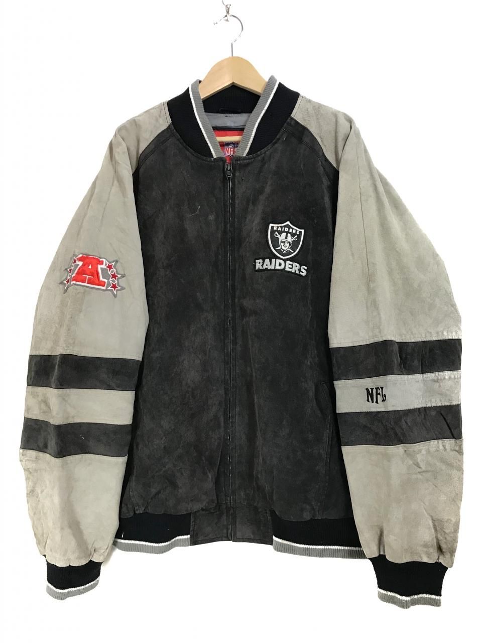 NFL OAKLAND RAIDERS Suede Leather Jacket 黒灰 XXL オークランド