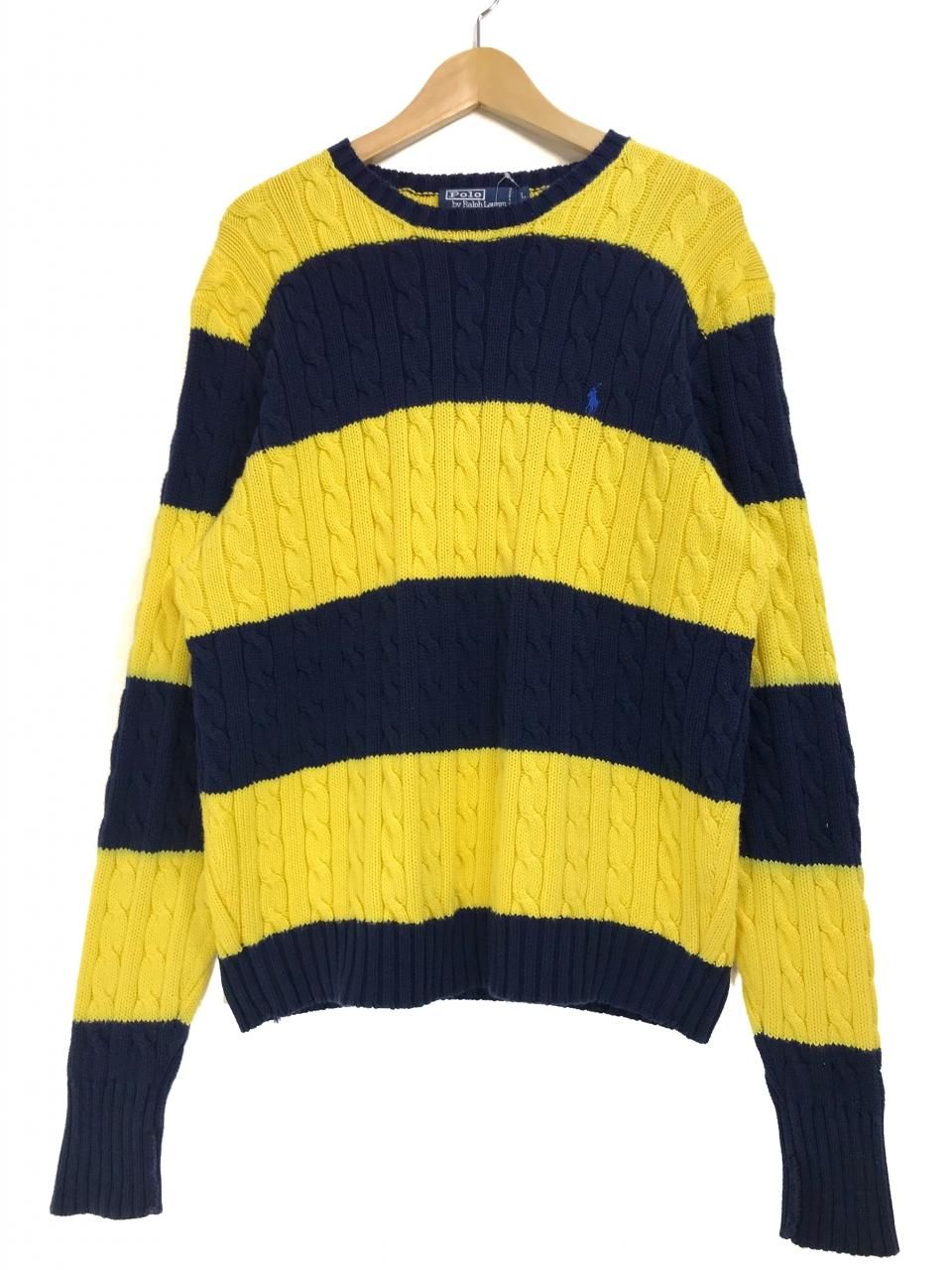 Polo Ralph Lauren Cotton Border Cable Knit 紺黄 L ポロラルフ