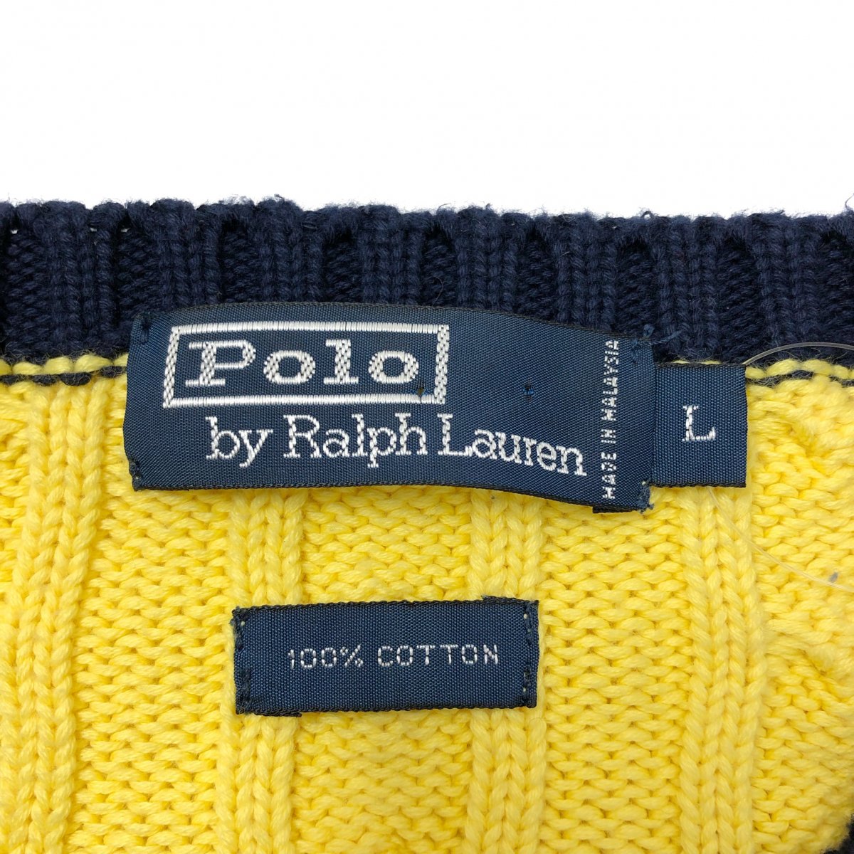 Polo Ralph Lauren Cotton Border Cable Knit 紺黄 L ポロラルフ